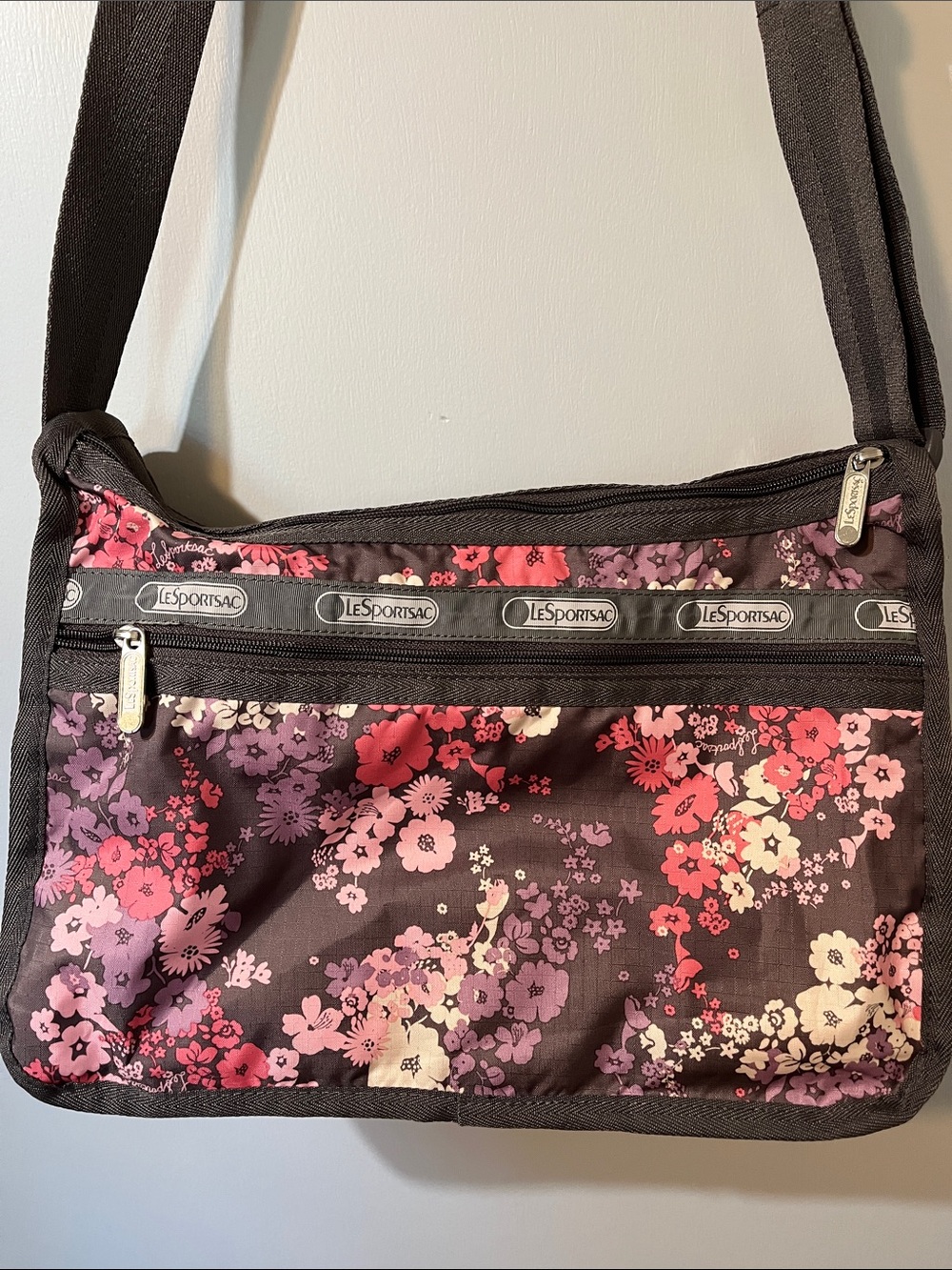 LeSportsac Floral Crossbody in Black with Pink & Purple Accents - Picture 2 of 7